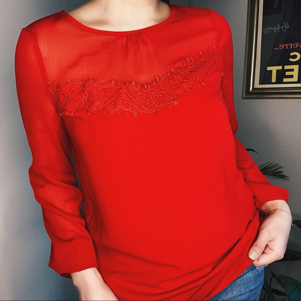 Apt. 9 Long Sleeved Red Blouse with Lace Detail